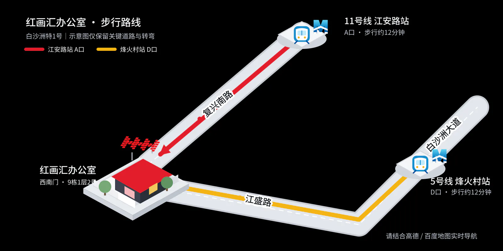 红画汇办公室地铁步行路线图：江安路站 A 口沿复兴南路，烽火村站 D 口经白沙洲大道转江盛路，分别步行约 12 分钟到达