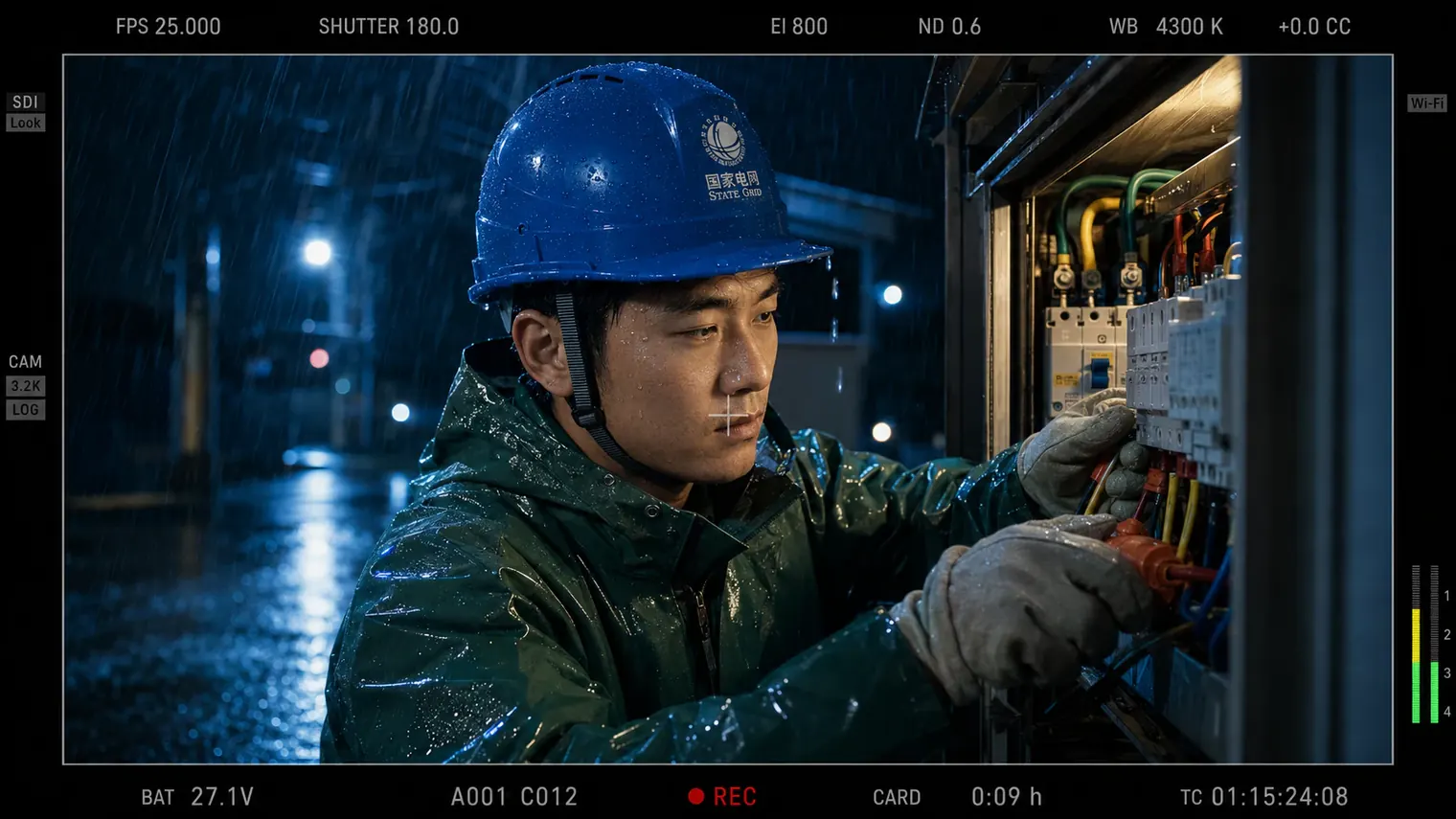 暴雨夜电力抢修现场，电力工作人员在配电箱前作业