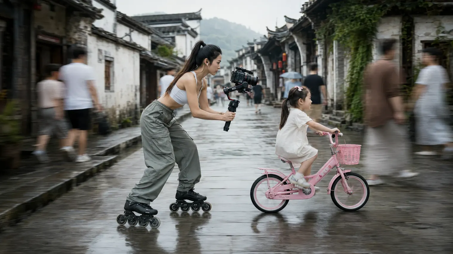 雨中古镇街道上，滑轮女孩带着摄影机跟拍骑粉色自行车的小女孩